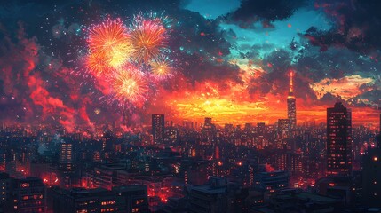 Fototapeta premium Fireworks over Cityscape at Sunset