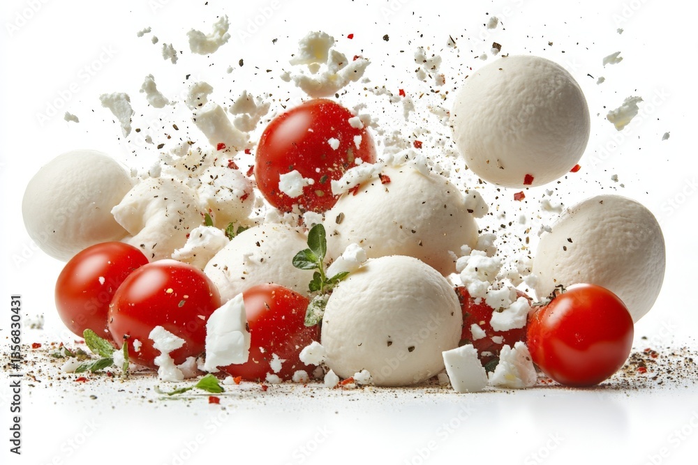 Poster fresh tomatoes and cheese create a delicious splash during a culinary explosion in a modern kitchen 