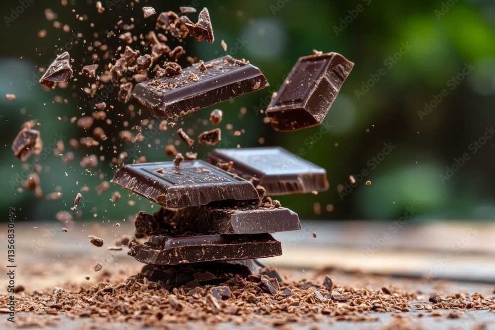 Poster chocolate bars exploding into pieces create a delightful mess outdoors during a sunny day