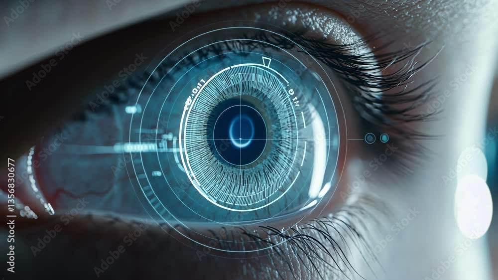 Aufkleber close up of a human eye featuring a high tech digital interface, showcasing advanced technology inte