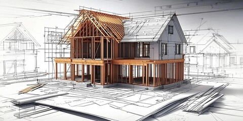 Building house on blueprints - construction project. Finest generative AI