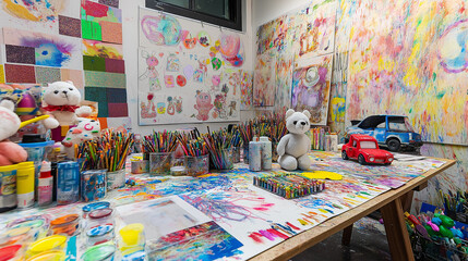 Artist's Studio With Colorful Paint Splatters