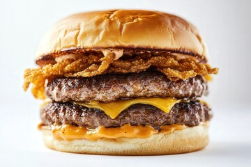 Double cheeseburger with crispy fried onions on a soft bun.