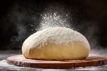 Dough being prepared for baking in a cozy kitchen filled with flour in the air