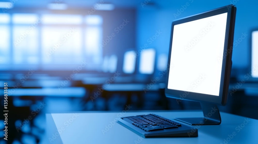 Poster modern classroom with empty desks and a computer displaying a blank screen in blue lighting