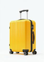 Bright yellow travel suitcase stands upright with extended handle, reflecting sleek modern design. Smooth glossy surface enhances stylish look, making it a perfect companion for trips and vacations