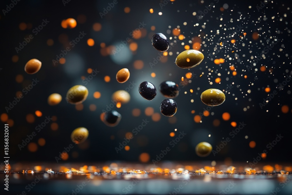 Aufkleber droplets and olives dance in motion on a dark surface in a culinary display of flavor and texture du