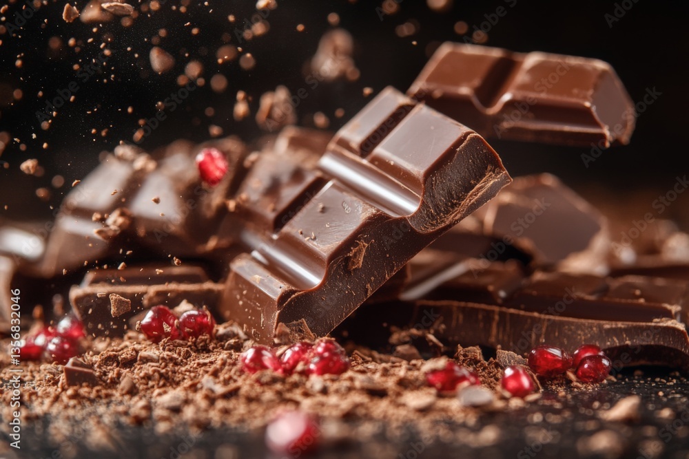 Aufkleber Chocolate pieces scattered with pomegranate seeds creating an enticing culinary display on a dark surface