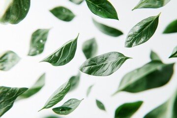 Naklejka premium Green leaves floating gracefully in the air against a light background during a calm afternoon