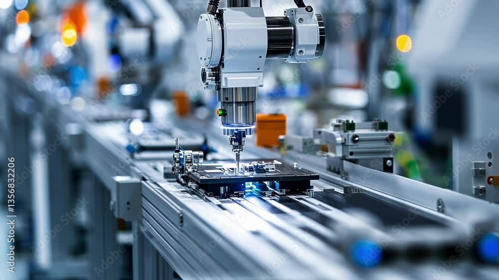 Poster robotic arm precisely assembles components on an electronic circuit board, showcasing automation in 