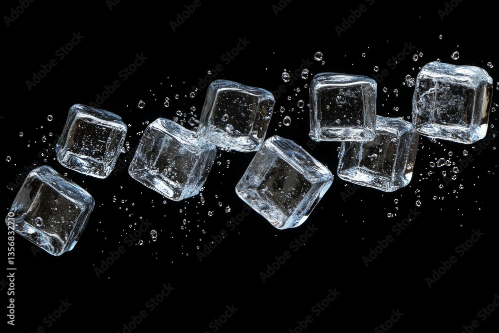 Poster ice cubes splash in mid-air with bubbles in a dynamic, refreshing scene against a black background