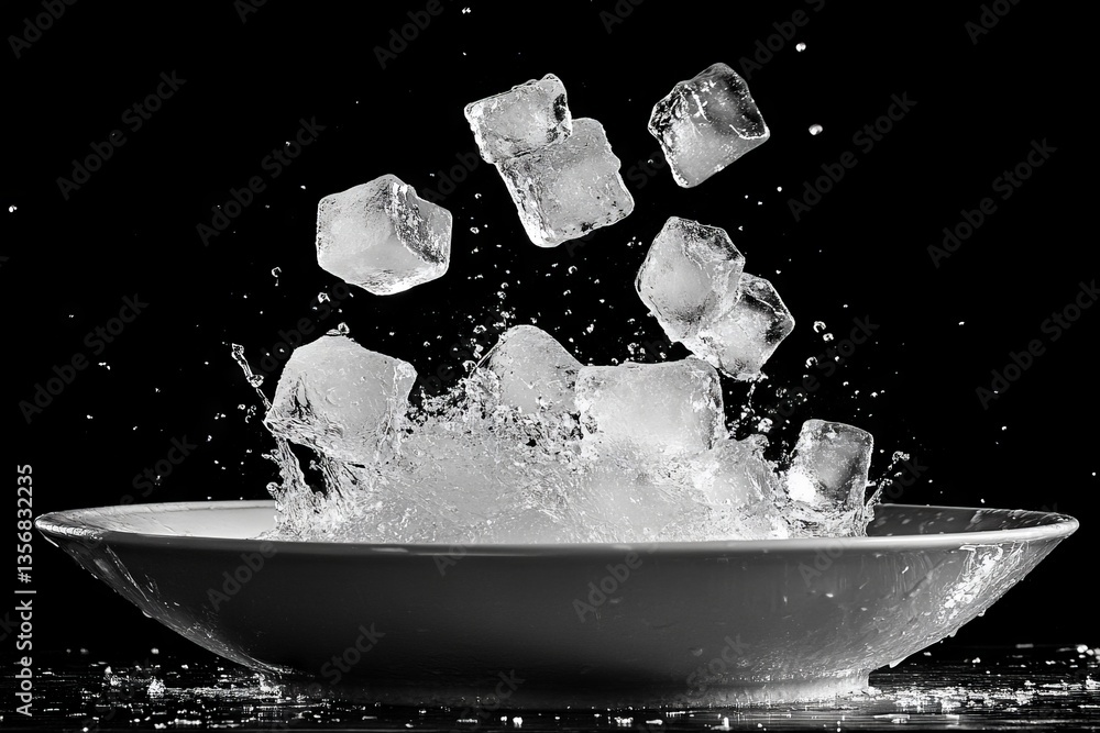 Poster Ice cubes splashing into water creating dynamic droplets in black and white