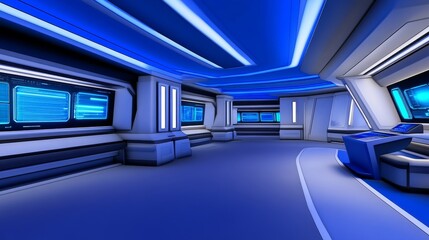 Obraz premium Futuristic interior of a high-tech control room with blue lighting and digital displays