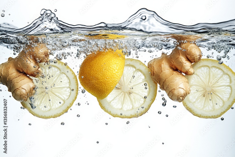 Poster Fresh slices of lemon and ginger submerged in sparkling water create an invigorating essence of natural flavors