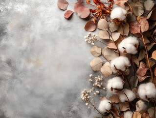 Obraz premium Elegant cotton plant arrangement with dried eucalyptus leaves on a textured gray surface