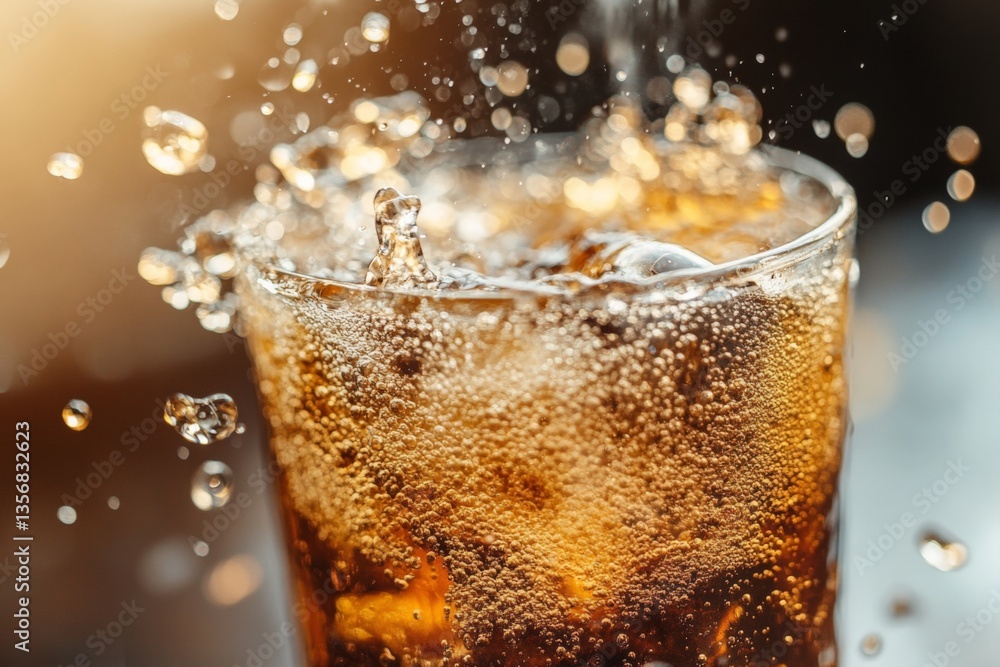 Poster bubbles rise and splash as cold beverage is poured into a glass with ice during a sunny afternoon