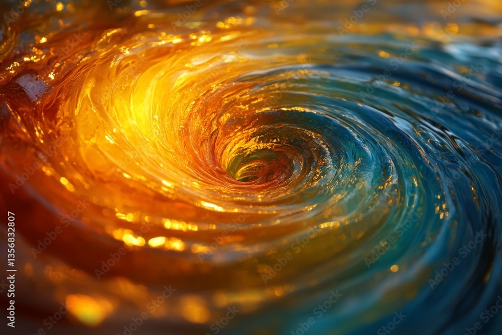 Poster vibrant swirling colors in a dynamic whirlpool effect during sunset reflections on water surface