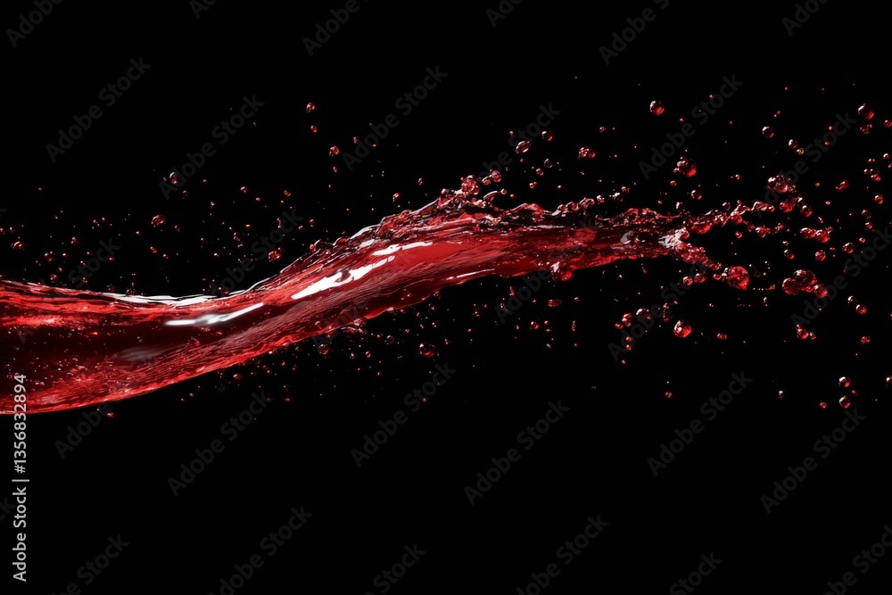 Poster dynamic splash of red liquid captured in mid-air with droplets against a black background
