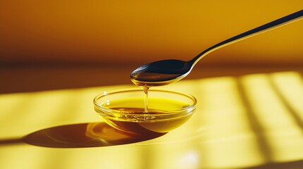 Pouring golden honey in shiny spoon close-up kitchen bright yellow background