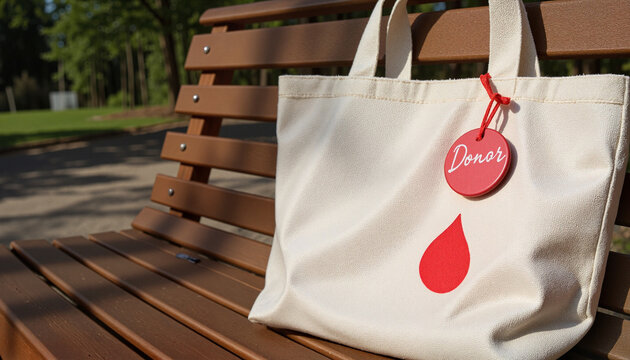 Fabric donor badge with blood drop icon on tote bag, World Blood Donor Day