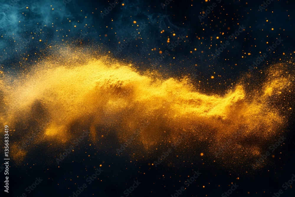 Poster colorful cloud of golden powder sparks in a dark space creating an abstract cosmic appearance