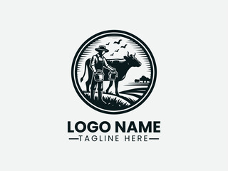 Farmer Milking Cow Traditional Dairy Farm Logo Design, Dairy Farmer Milking Cow Logo
