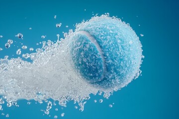 Water splashing around a blue tennis ball during a dynamic action shot