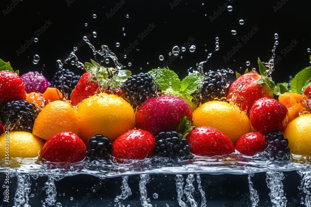 Poster Colorful fruit splashes create a refreshing display with vibrant colors and water droplets in a black background