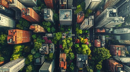 Aerial view city park, urban green space, skyscrapers, sunlight, nature, cityscape,  illustration, design