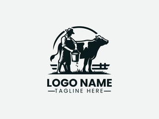 Farmer Milking Cow Traditional Dairy Farm Logo Design, Dairy Farmer Milking Cow Logo