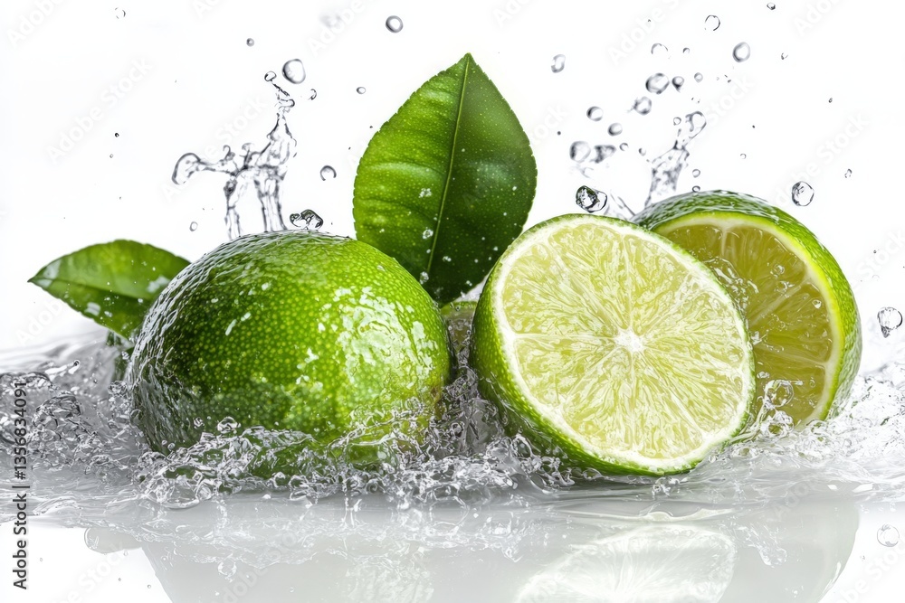 Poster Fresh limes splashing in clear water creating a refreshing atmosphere during sunny summer days