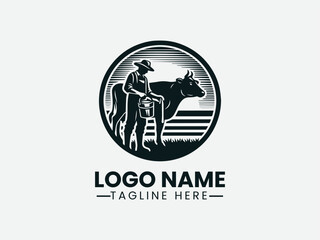 farmer milking cow with pail. Traditional dairy farm logo