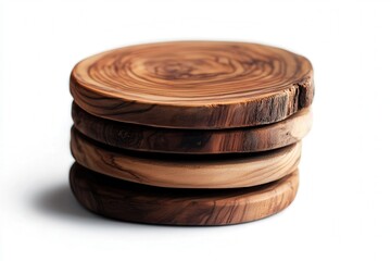 Stack of round wooden coasters with natural grain patterns.