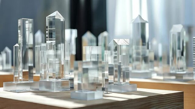 The plexiglass or plastic stands for goods display are realistically illustrated with geometric pillar crystal platforms.