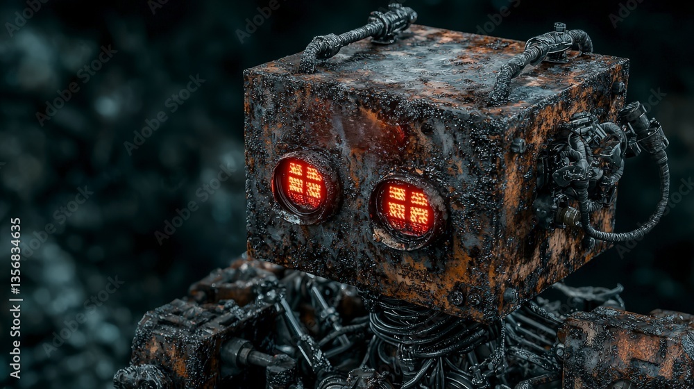 Poster rusty robot exploration abandoned factory digital art industrial environment close-up futuristic con