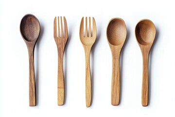 Five wooden utensils arranged against a white background.