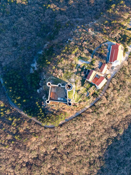 Aerial top view of the Drivenik Castle, Croatia. Vinodolska dolina surrounded by high mountains