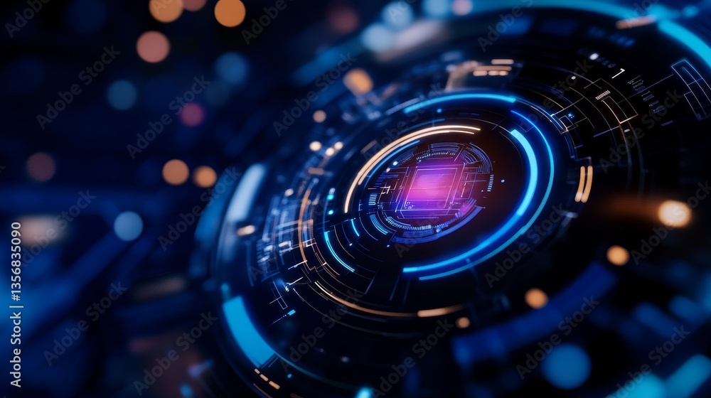 Poster futuristic digital circuit design with glowing elements and vibrant colors in a tech backdrop