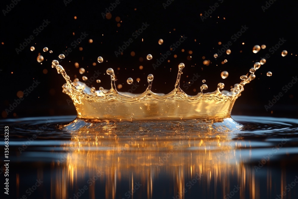 Poster splash of golden liquid creating a crown-like formation on a dark reflective surface