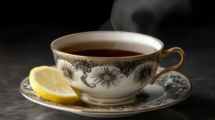 A close-up of a steaming cup of Earl Grey tea with a twist of lemon, served in a vintage china teacup on a saucer.