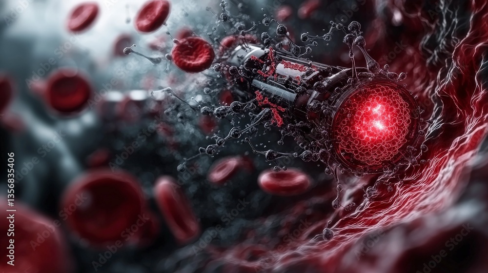 Poster Biomedical innovation red blood cell interaction microscopic environment abstract visualization scientific concept