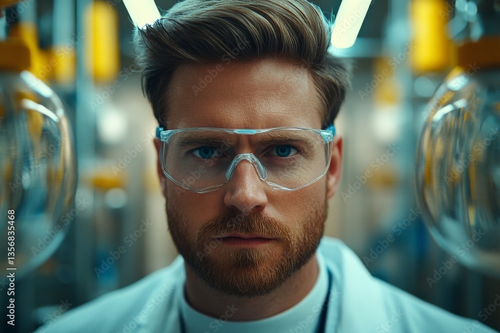 Poster focused scientist in laboratory wearing protective goggles with glass equipment in the background du
