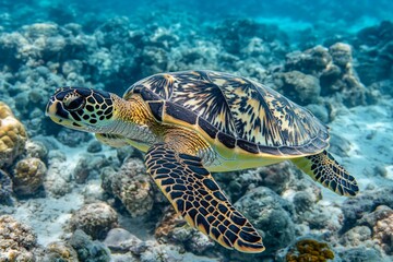 Obraz premium Sea turtle swimming gracefully over coral reef in clear ocean waters