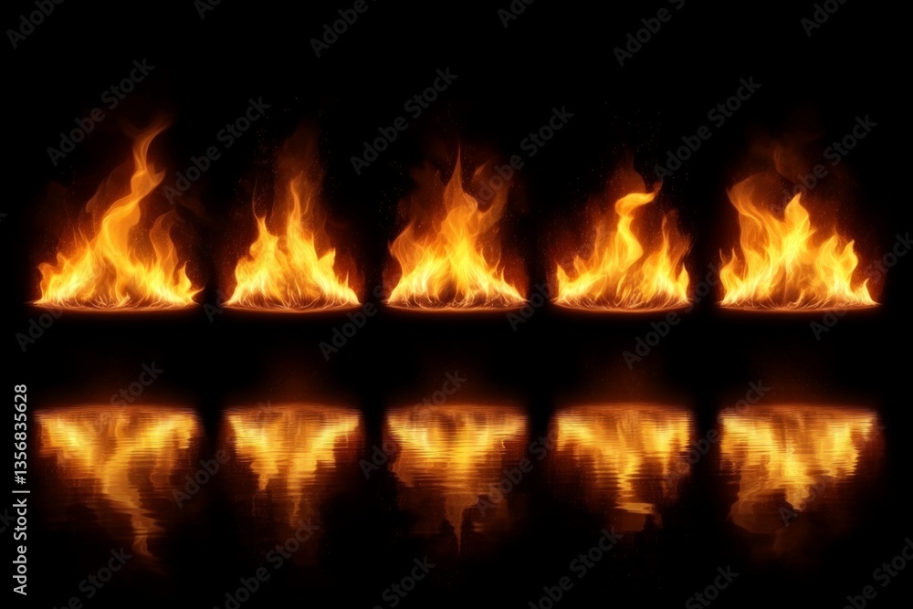 Poster flames dance across a reflective surface creating a vibrant display of light and heat at night