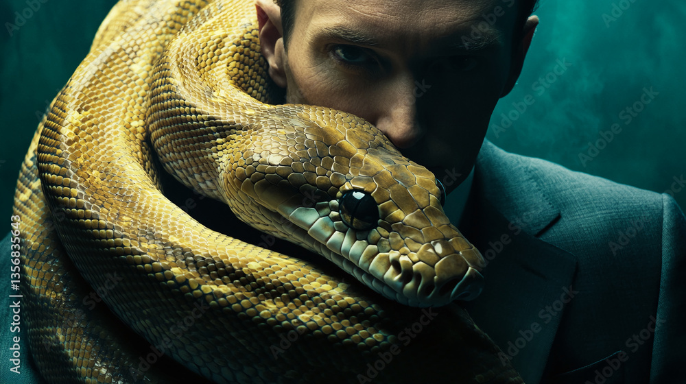 Poster close-up of a man's face partially obscured by a large, yellow-brown snake, creating a mysterious an
