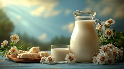 Milk jug, glass, and treats on wooden table, floral background, sunny day