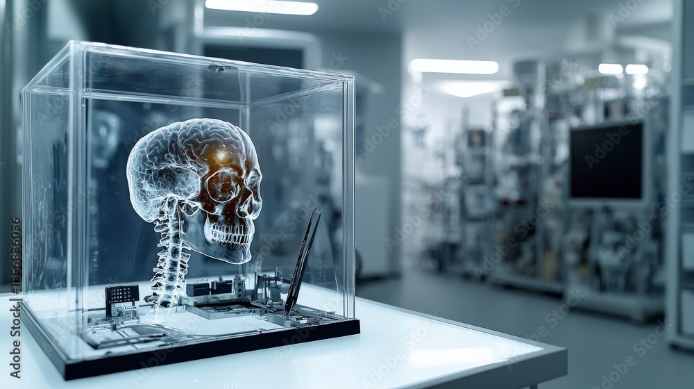 Poster medical technology exhibit featuring 3d skull model in laboratory environment for science and innova