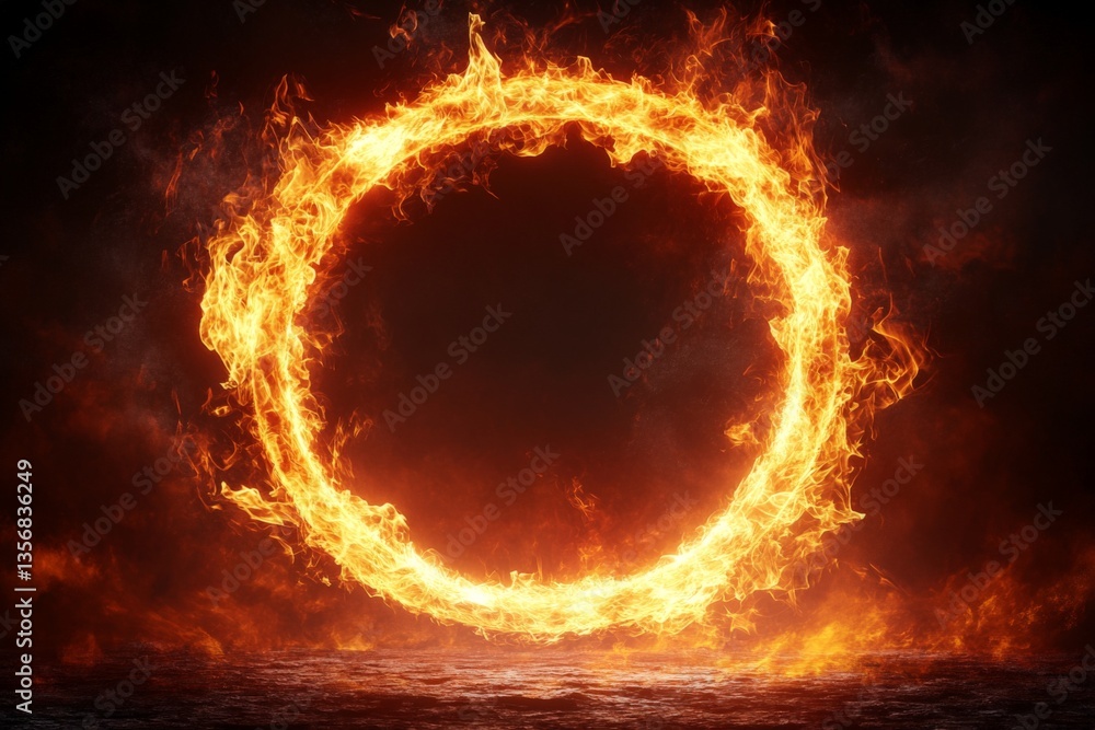 Fototapete fiery circular shape glowing in darkness, creating an intense visual contrast with surrounding black