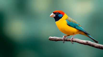 Closeup of a colorful Gouldian finch (Chloebia gouldiae) standing on the narrow branch