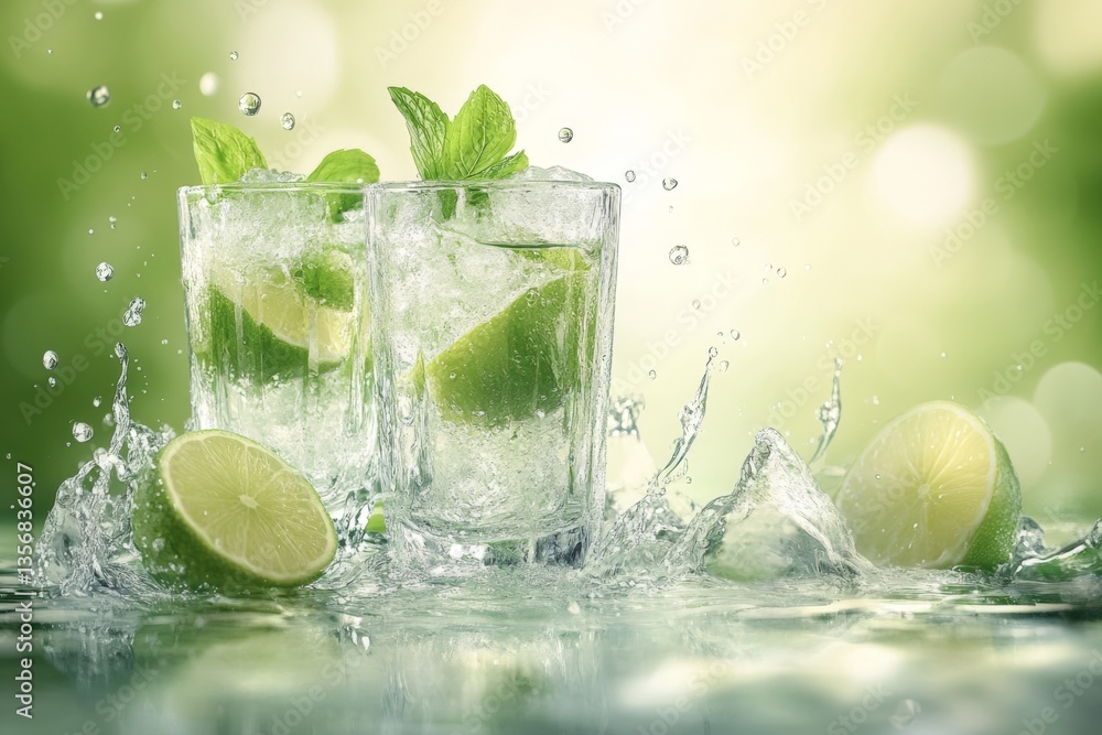 Poster refreshing cocktails with lime and mint create splashes during summer in a vibrant outdoor setting